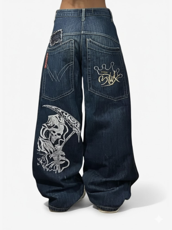 SKULL PRINTED WIDE LEG JEANS