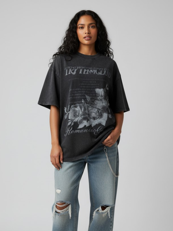 DISTRESSED ROSE PRINT T-SHIRT