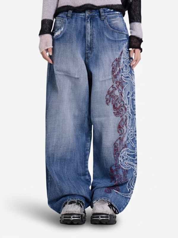 FIRE EMBROIDERED LOOSE JEANS