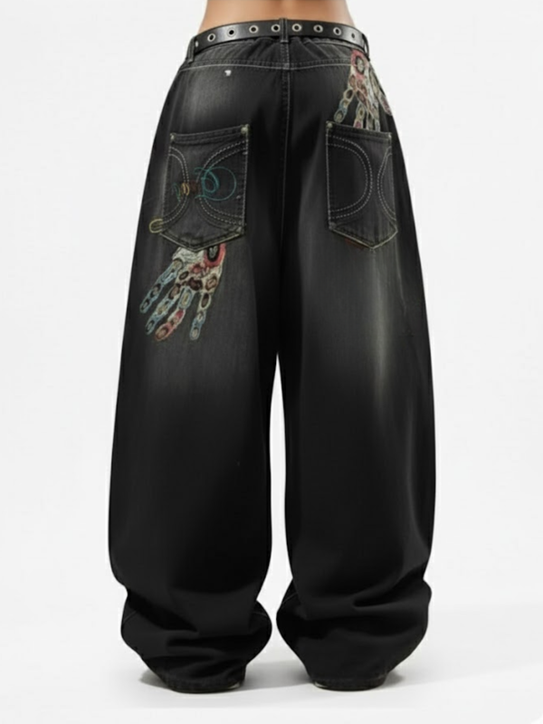 BLACK BAGGY PATTERNED JEANS