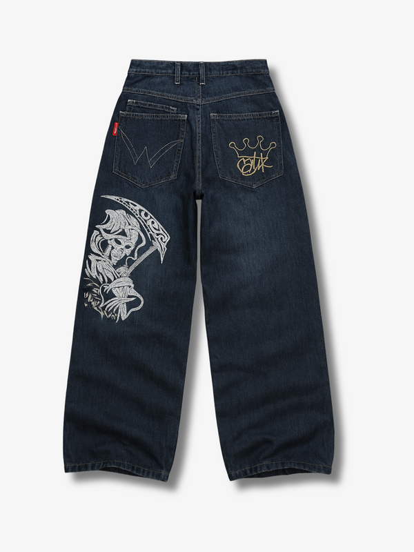 SKULL PRINTED WIDE LEG JEANS